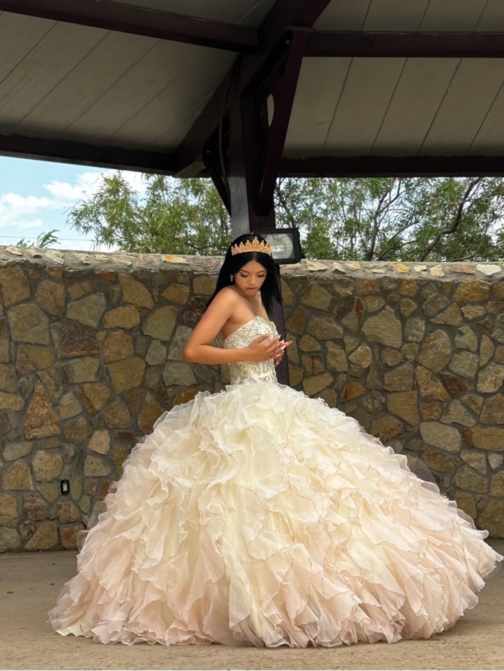 Mori Lee Strapless Ivory Ball Gown with Ruffled Skirt
